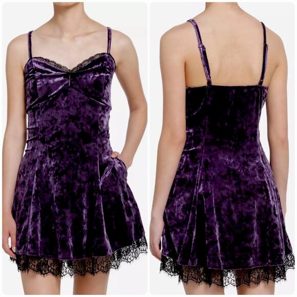 COSMIC AURA Purple Crushed Velvet Slip Dress Lace Hem Whimsical Gothic L - Picture 1 of 9